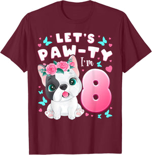 8th Birthday Girl 8 Years Dog Puppy Number 8 T-Shirt - T-Shirt | Maroon