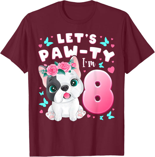 8th Birthday Girl 8 Years Dog Puppy Number 8 T-Shirt - T-Shirt | Maroon