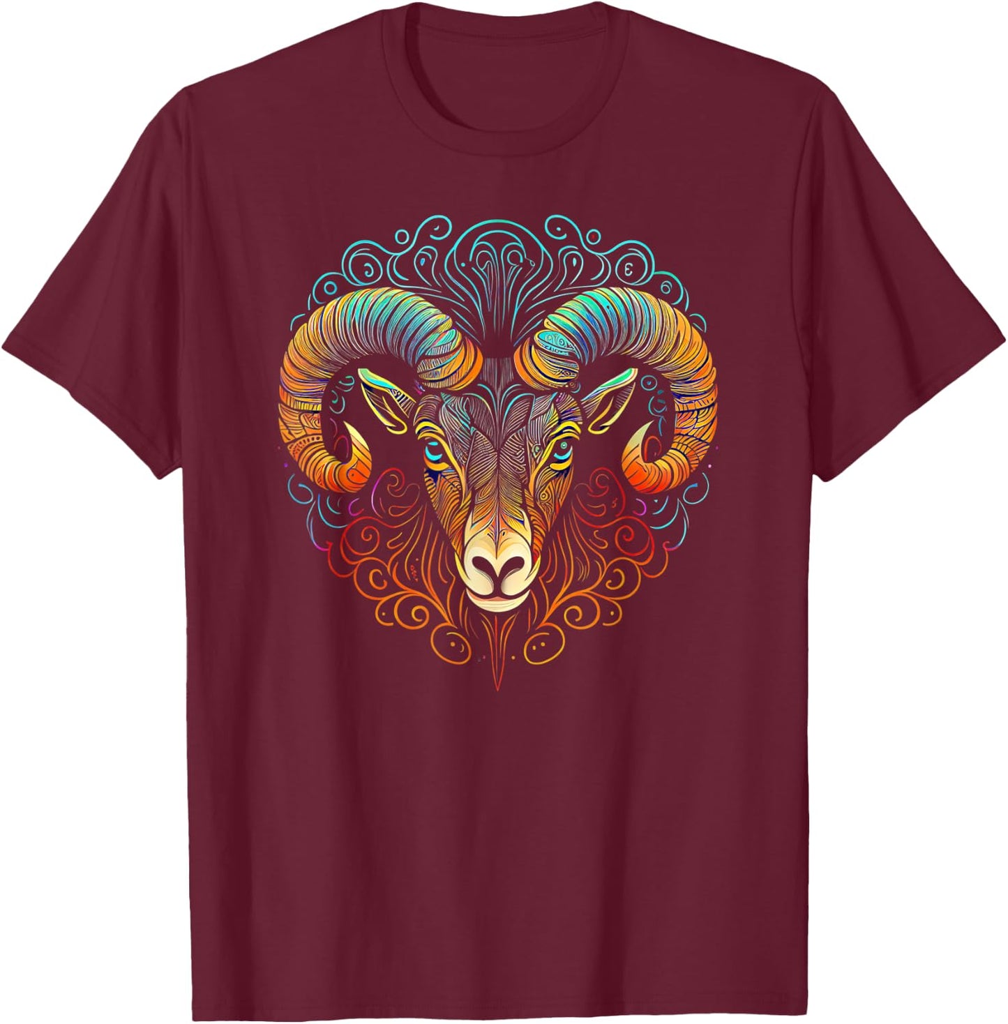Ram Face and Head Colorful Mandala Pattern - Ram T-Shirt - T-Shirt | Maroon