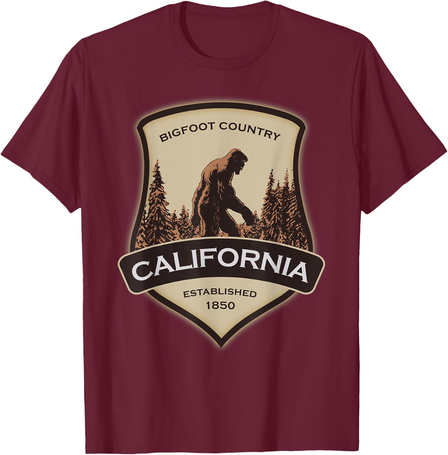 California and a Bigfoot, or a Sasquatch T-Shirt - T-Shirt | Maroon
