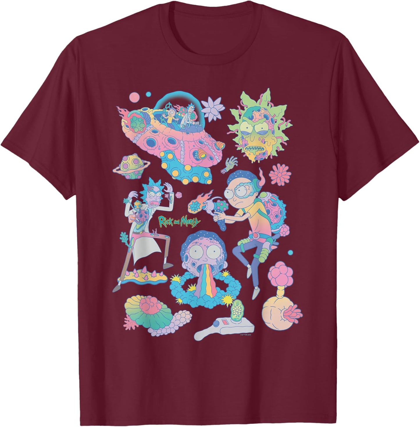 Rick and Morty Space Cruiser Pastel Alien Cartoon Fashion T-Shirt - T-Shirt | Maroon