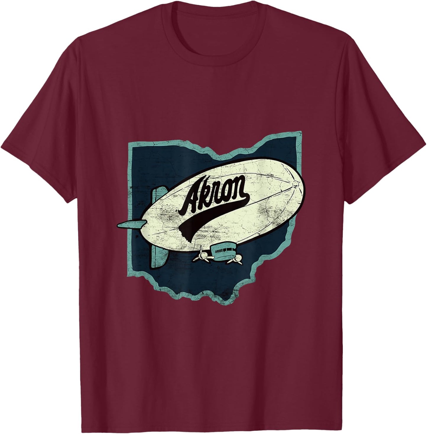 Vintage Distressed Akron Blimp Ohio Map T-Shirt - T-Shirt | Maroon