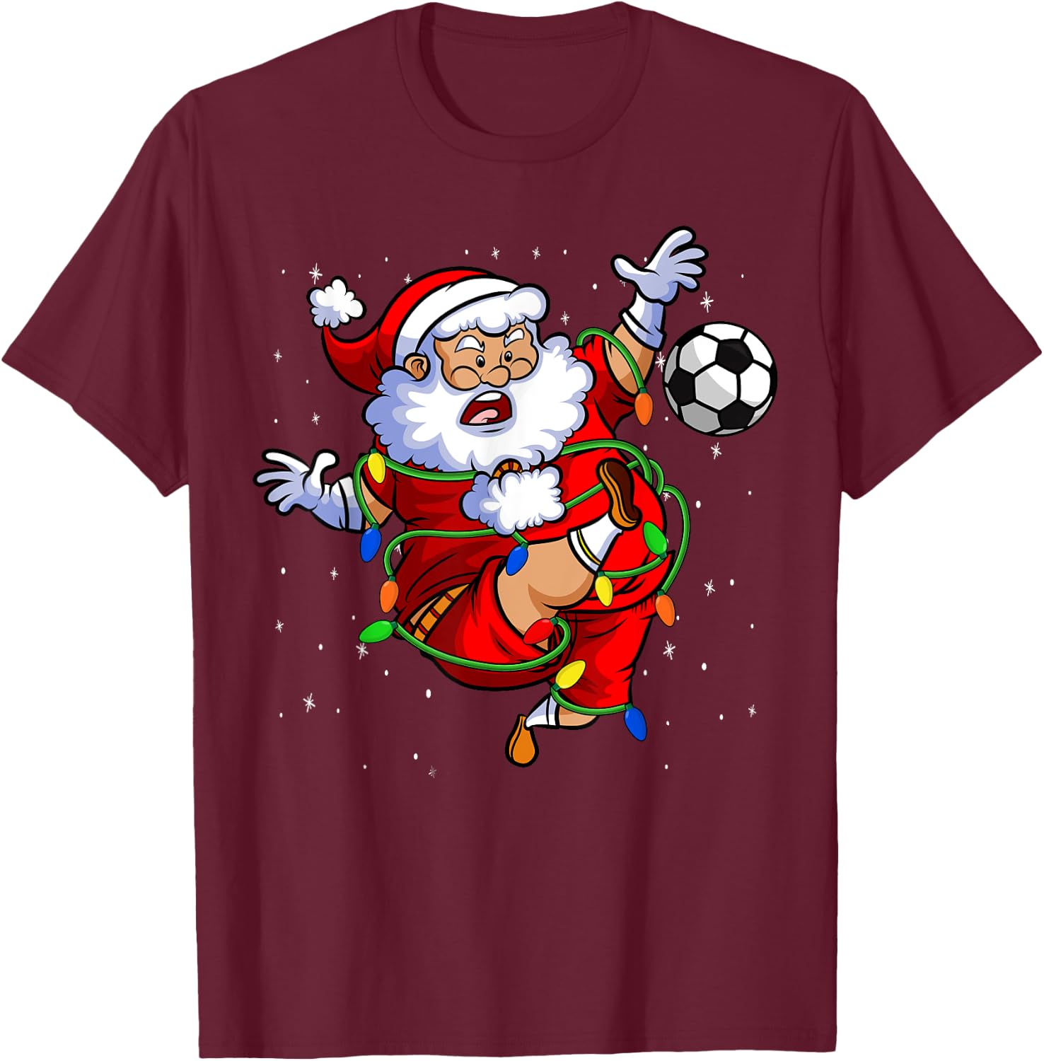Santa Soccer Ball Funny Kids Soccer Player Christmas Lights T-Shirt - T-Shirt | Maroon
