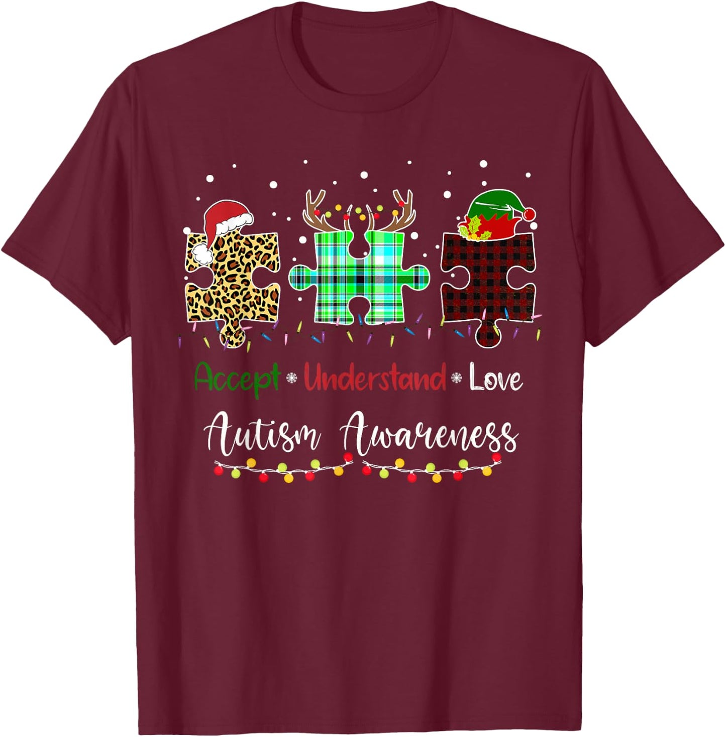Accept Understand Love Autism Awareness Puzzle Christmas T-Shirt - T-Shirt | Maroon