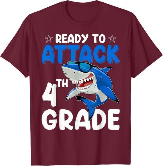 Ready To Attack 4th Grade Shark Fourth Grade Teacher Student T-Shirt - T-Shirt | Maroon
