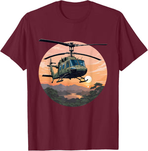 UH-1 Huey Helicopter Vintage Sunset Vietnam Chopper T-Shirt - T-Shirt | Maroon