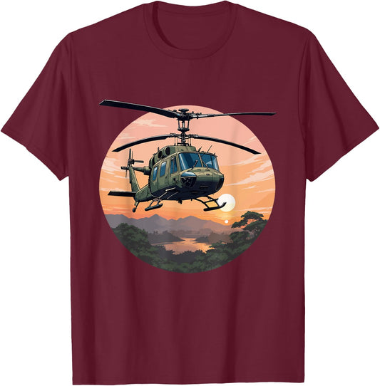 UH-1 Huey Helicopter Vintage Sunset Vietnam Chopper T-Shirt - T-Shirt | Maroon