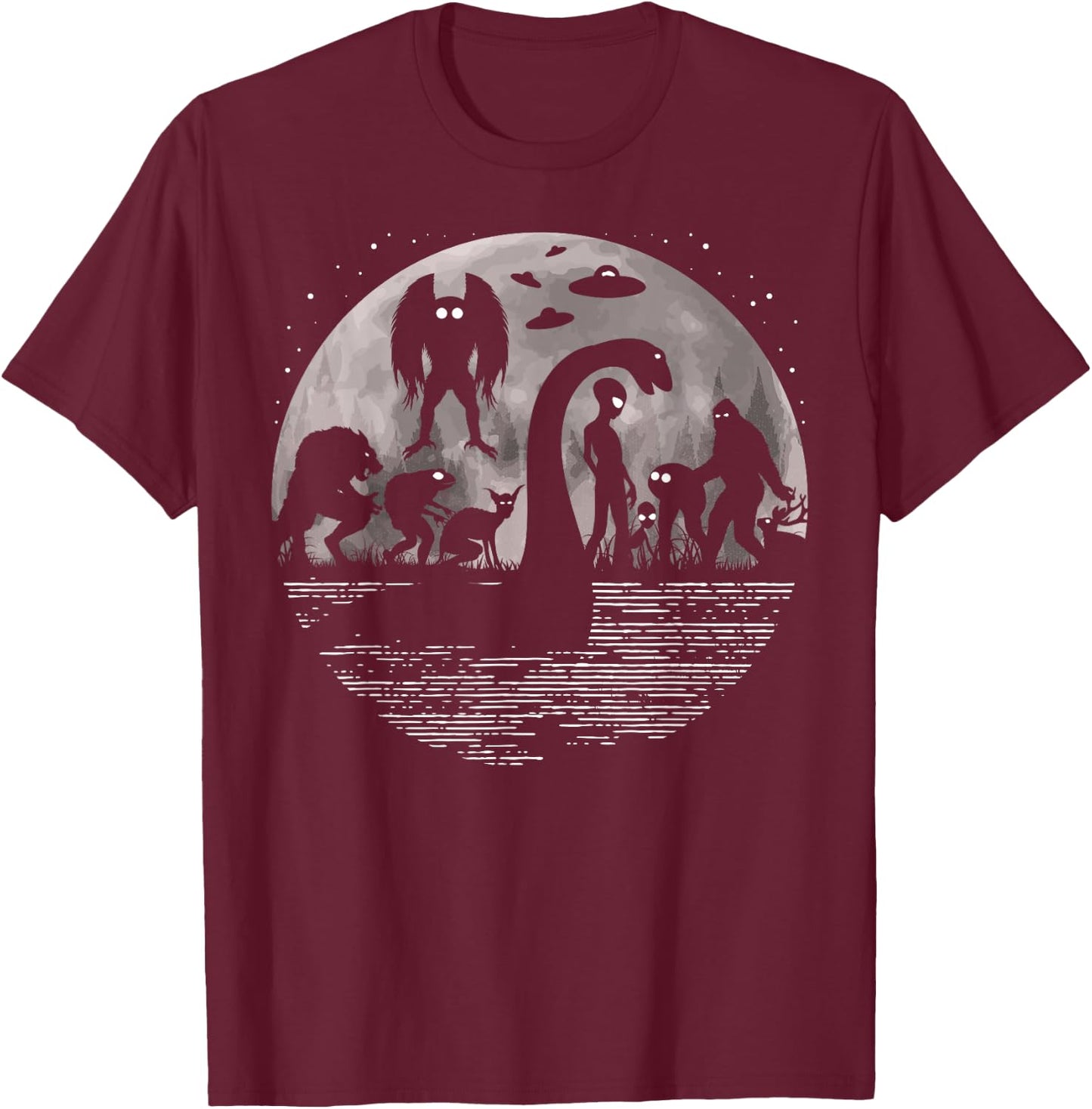 Bigfoot Loch Ness Monster Mothman And Aliens! Funny Cryptid T-Shirt - T-Shirt | Maroon