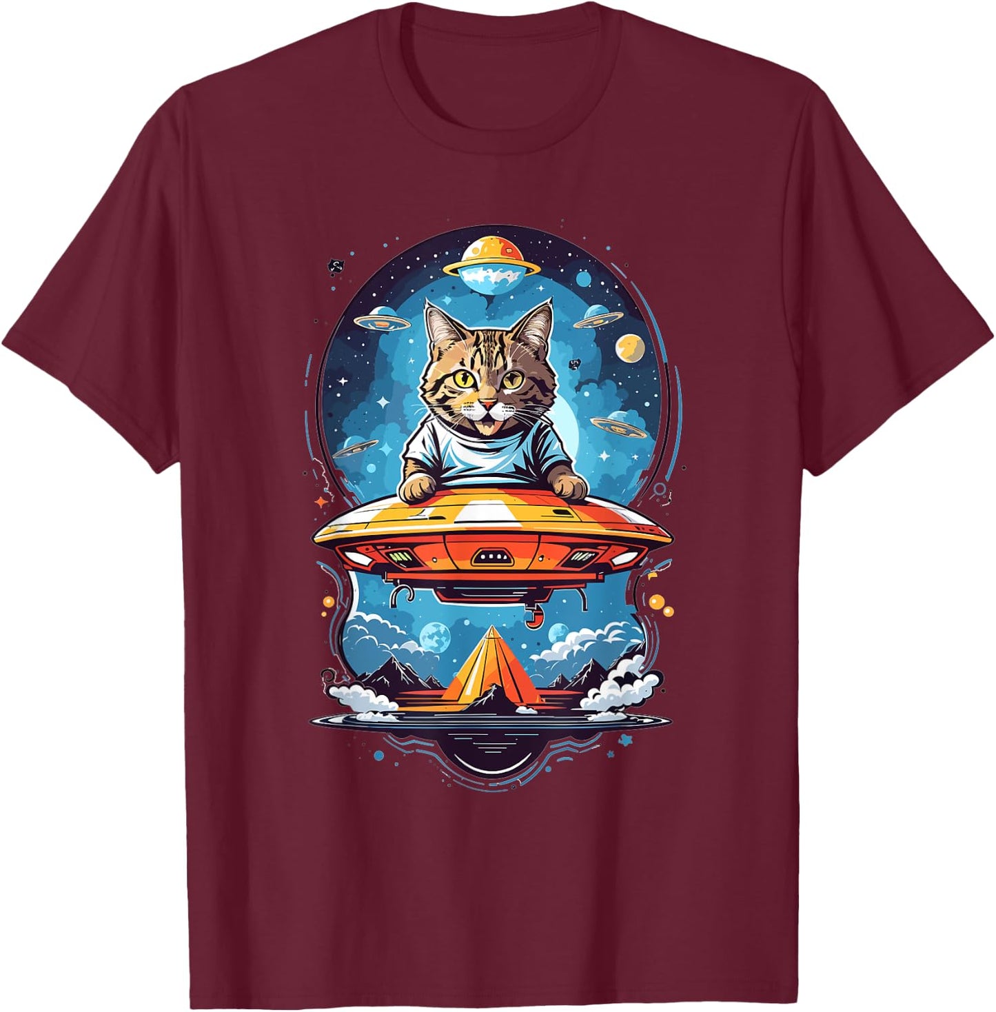 Aliens and UFO Cats Cute Cat Abducted By UFO Graphic - Black - -Adults/Kids - Short Sleeve - Small - Classic Fit - Cotton 50% Polyester 50% T-Shirt - T-Shirt | Maroon