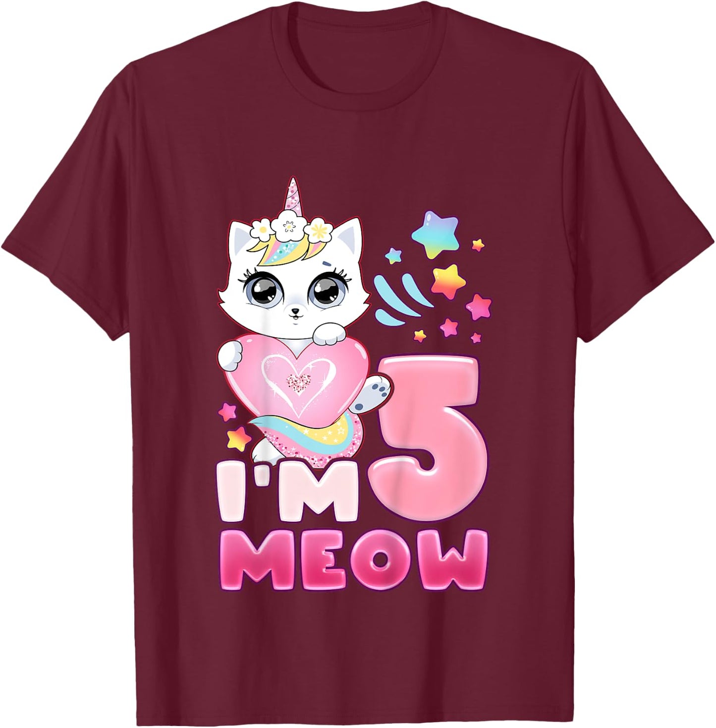 Birthday girl 5 years old, cat, unicorn, 5th birthday T-Shirt - T-Shirt | Maroon