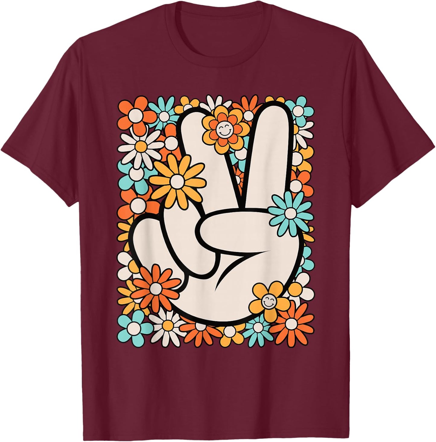 Hippie Peace Hand Sign Groovy Flower 60s 70s Men Women Kids T-Shirt - T-Shirt | Maroon