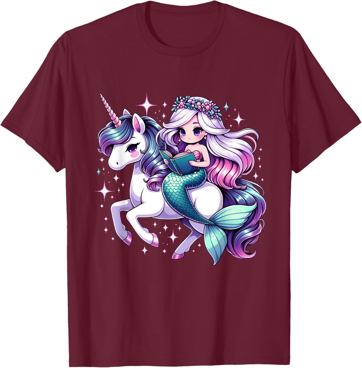 Unicorn kisses Mermaid wishes | reading books Birthday Girl T-Shirt - T-Shirt | Maroon