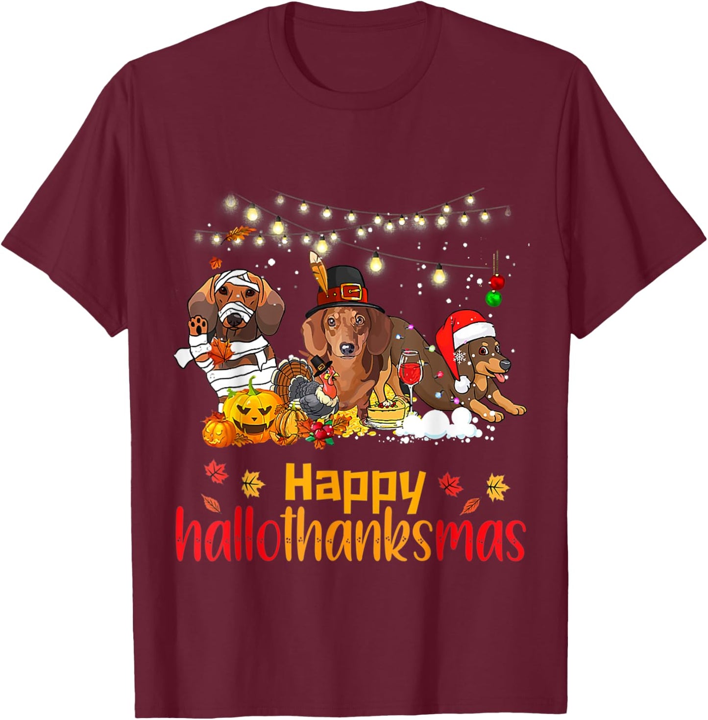 Halloween Christmas Happy Hallothanksmas Dachshund Dog Lover T-Shirt - T-Shirt | Maroon