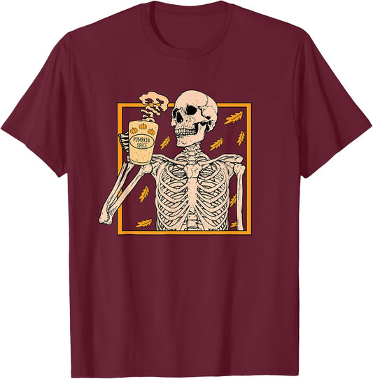 Skeleton Drinking Coffee Pumpkin Spice Latte Autumn Coffee T-Shirt - T-Shirt | Maroon