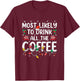 Most Likely To Drink All The Coffee Funny Dog Christmas T-Shirt - T-Shirt | Maroon