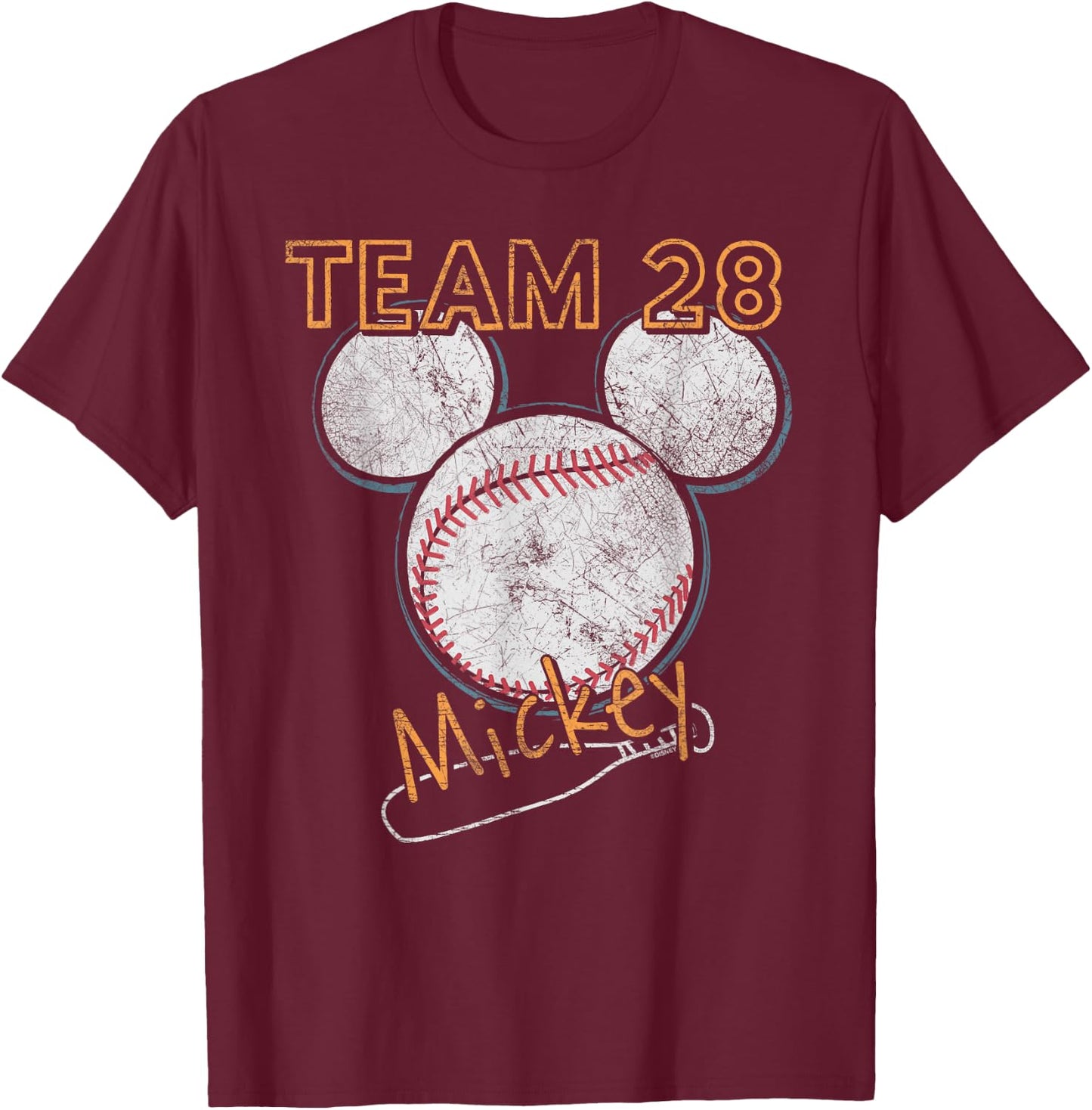 Disney Mickey Mouse Baseball Team 28 Sports Distressed T-Shirt - T-Shirt | Maroon