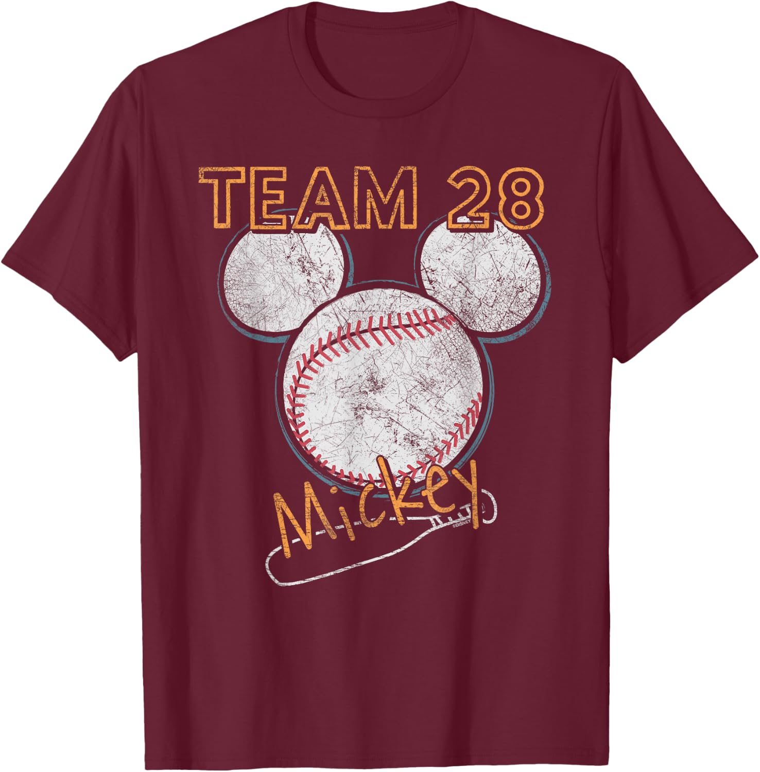Disney Mickey Mouse Baseball Team 28 Sports Distressed T-Shirt - T-Shirt | Maroon