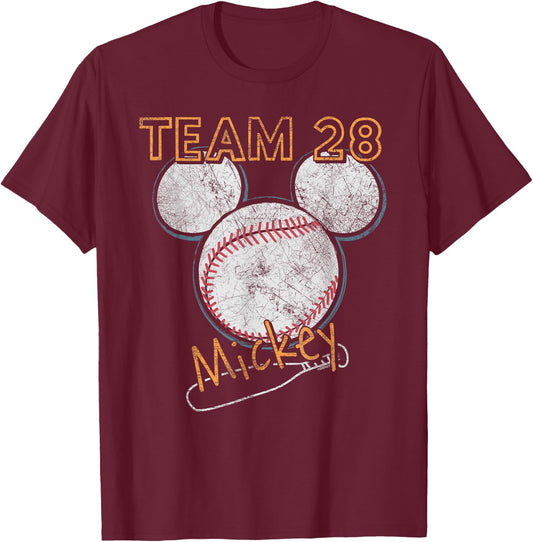 Disney Mickey Mouse Baseball Team 28 Sports Distressed T-Shirt - T-Shirt | Maroon