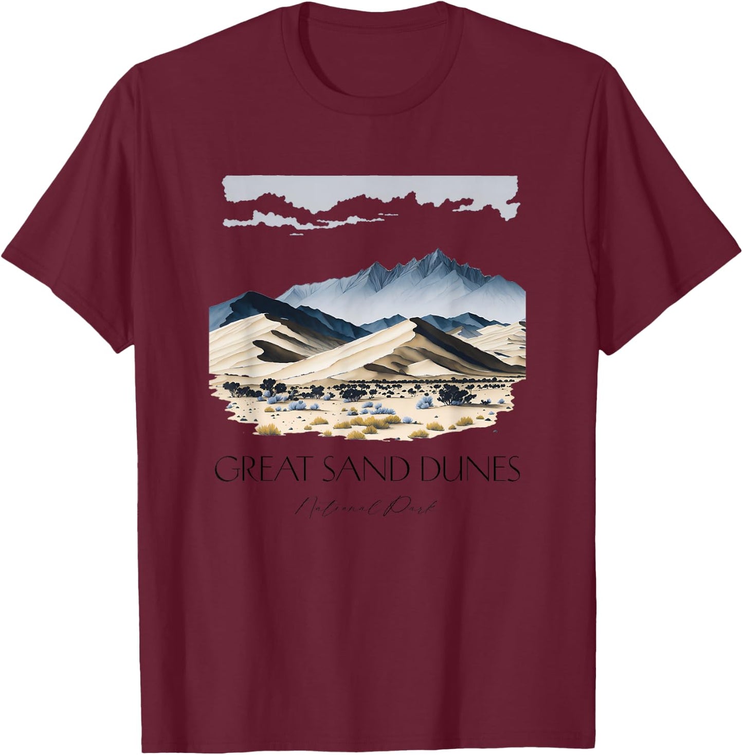 Cool Great Sand Dunes National Park Hiking Watercolor T-Shirt - T-Shirt | Maroon
