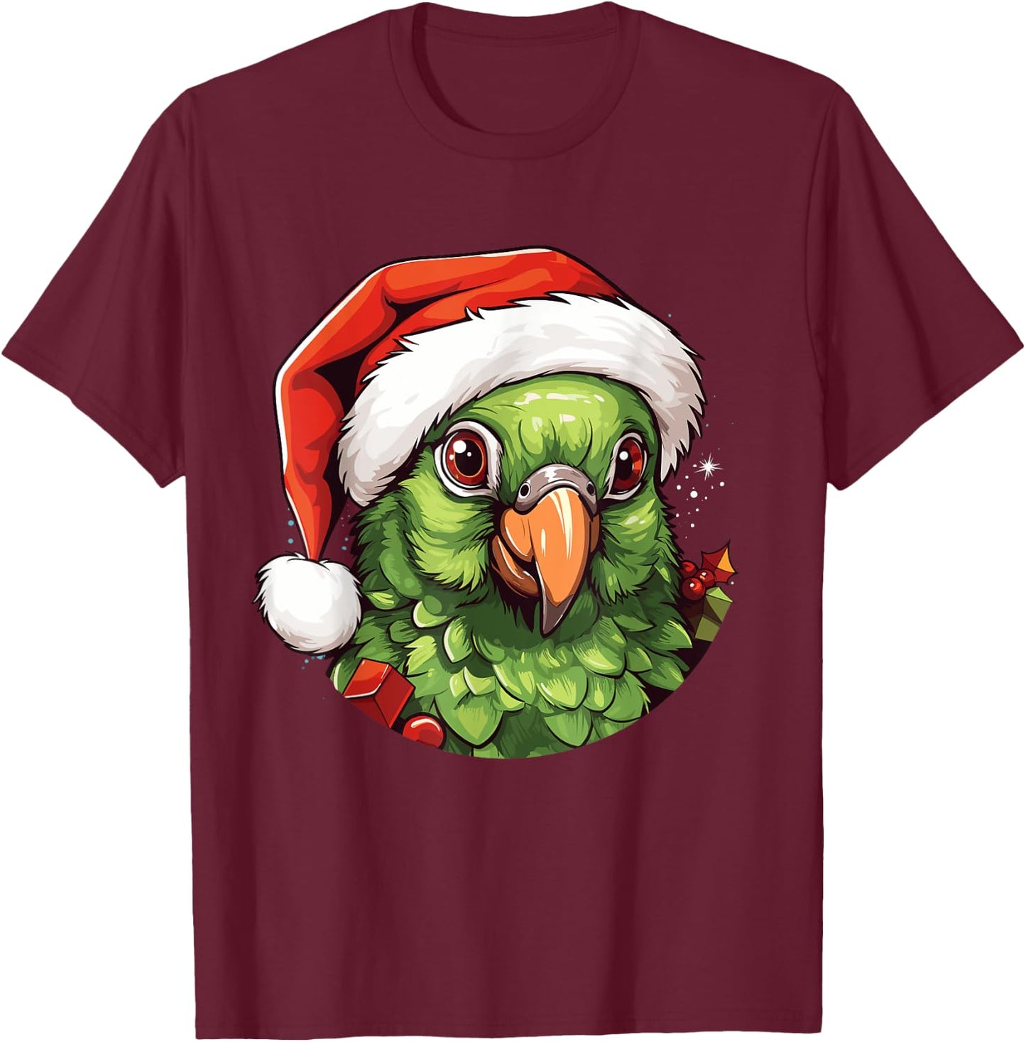 Funny Green Cheek Conure Santa Hat Christmas Parrot Bird T-Shirt - T-Shirt | Maroon