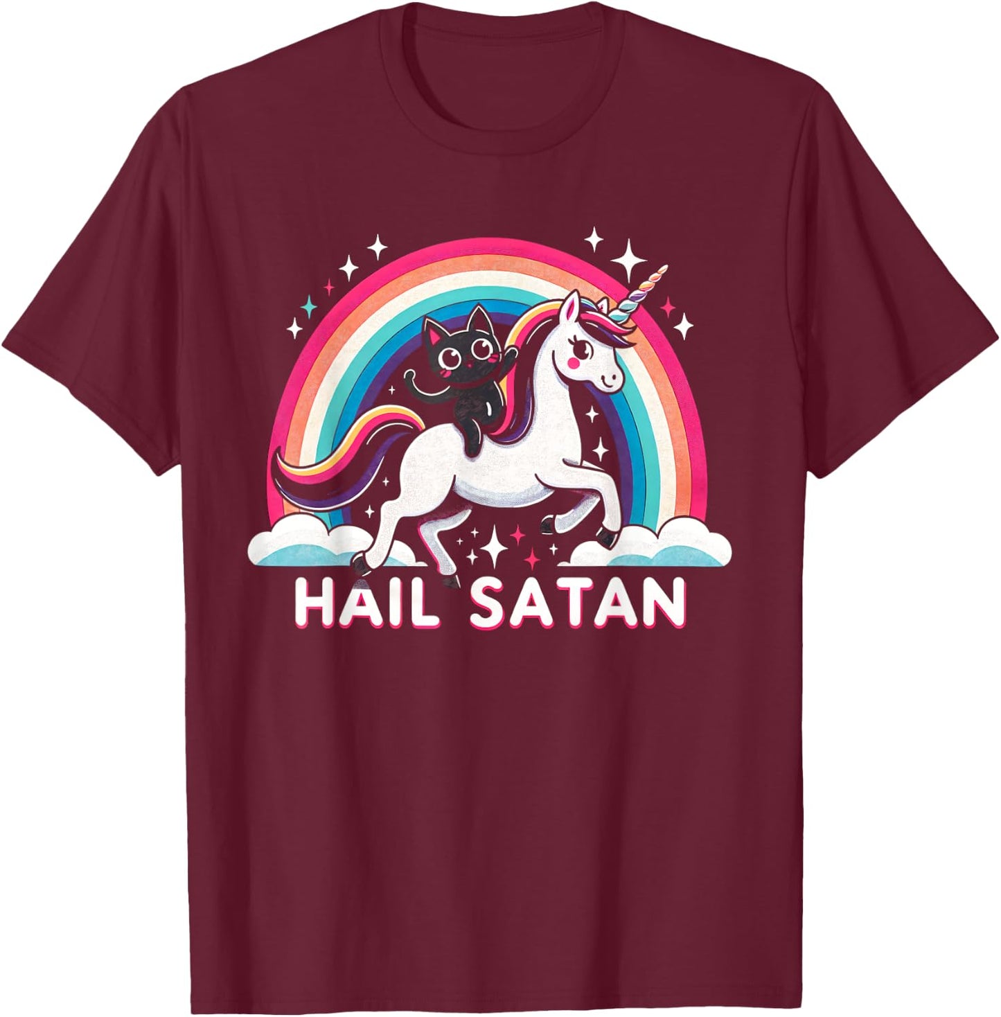 Cute Satanic Cat Riding A Unicorn Over A Rainbow Hail Satan Men Women Kids T-Shirt - T-Shirt | Maroon
