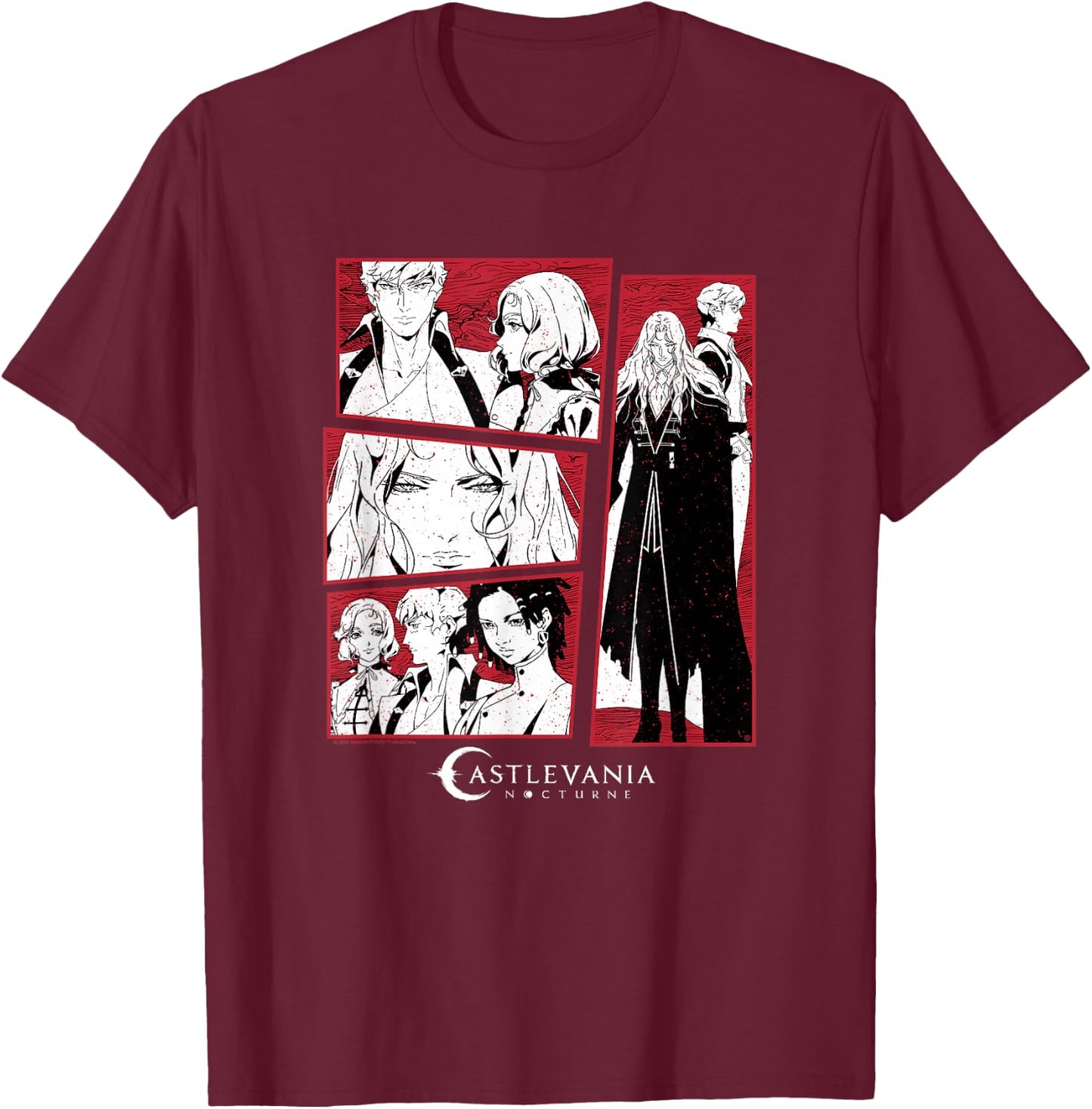 Castlevania: Nocturne Main Characters Blood Stained Panels T-Shirt - T-Shirt | Maroon