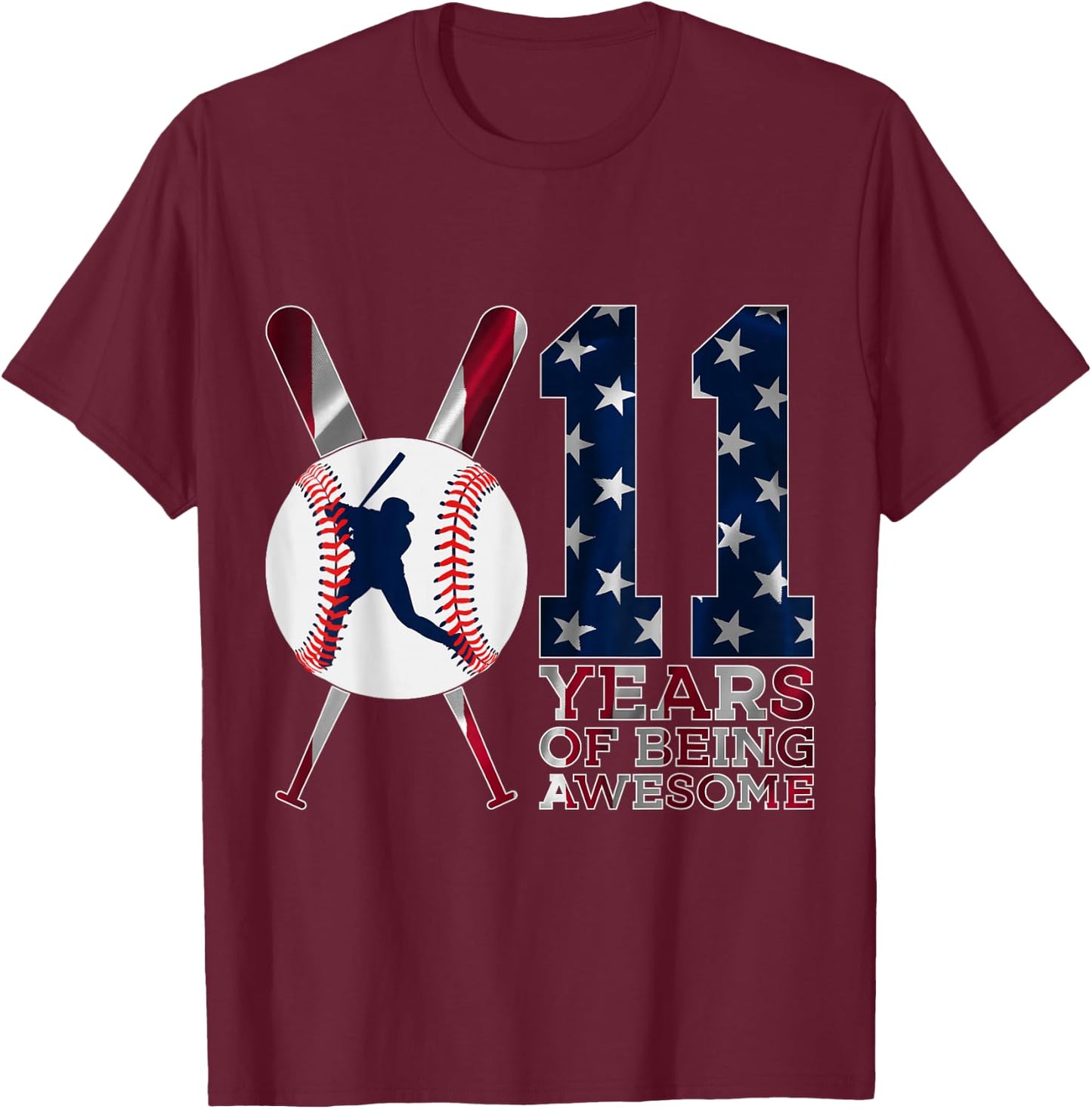 11 Years of Being Awesome Baseball 11th Birthday T-Shirt - T-Shirt | Maroon