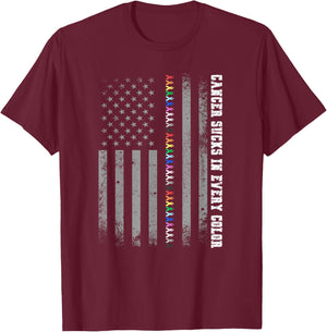 Cancer Sucks In Every Color Fighter American Flag Ribbons T-Shirt - T-Shirt | Maroon