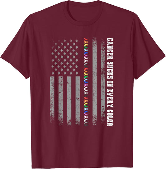 Cancer Sucks In Every Color Fighter American Flag Ribbons T-Shirt - T-Shirt | Maroon