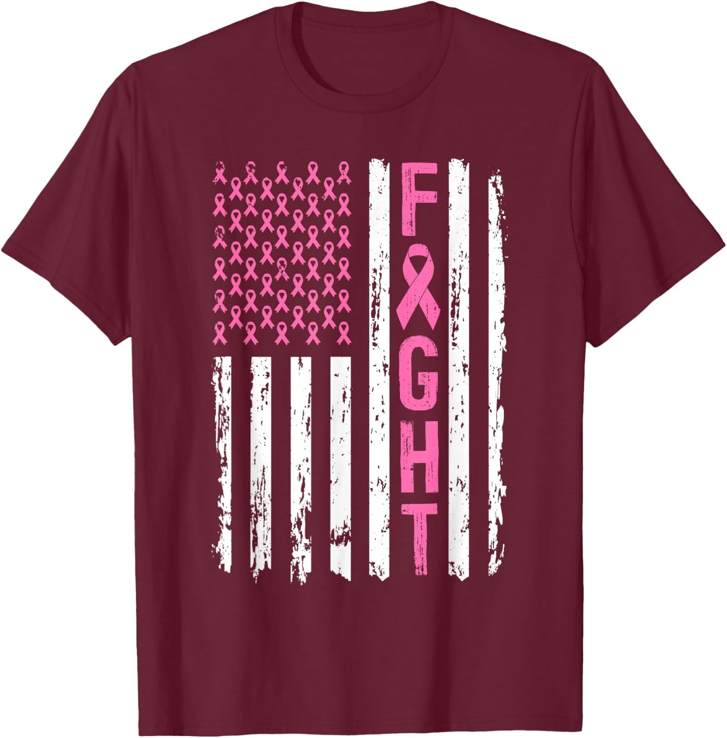 Fight Breast Survivor American Flag Breast Cancer Awarenes T-Shirt - T-Shirt | Maroon
