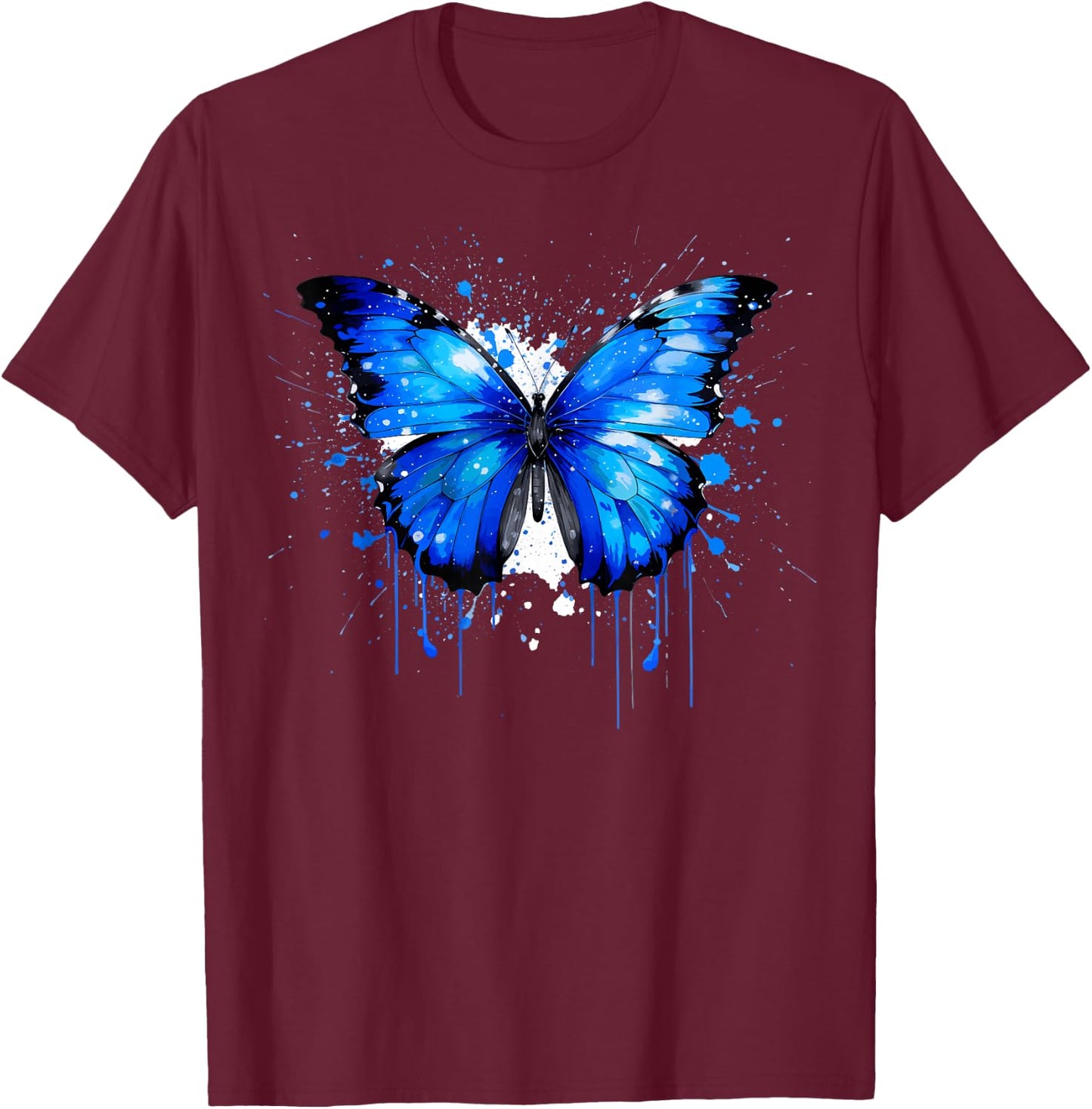 Blue Morpho Butterfly Paint Splatter, Lepidopterology Morpho T-Shirt - T-Shirt | Maroon