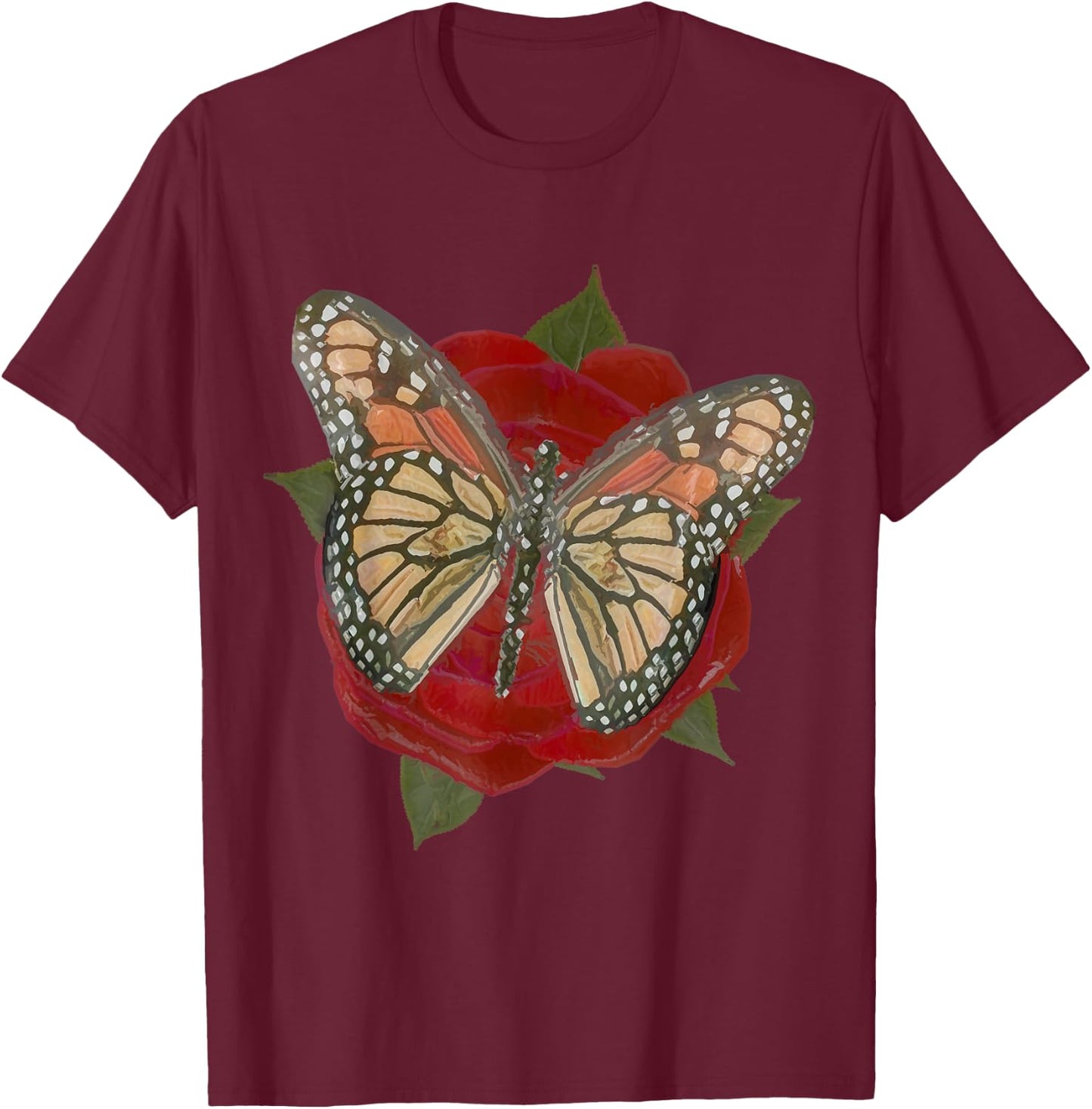 Rose Red Flower Orange Black Monarch Butterfly Graphic Print T-Shirt - T-Shirt | Maroon