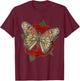 Rose Red Flower Orange Black Monarch Butterfly Graphic Print T-Shirt - T-Shirt | Maroon