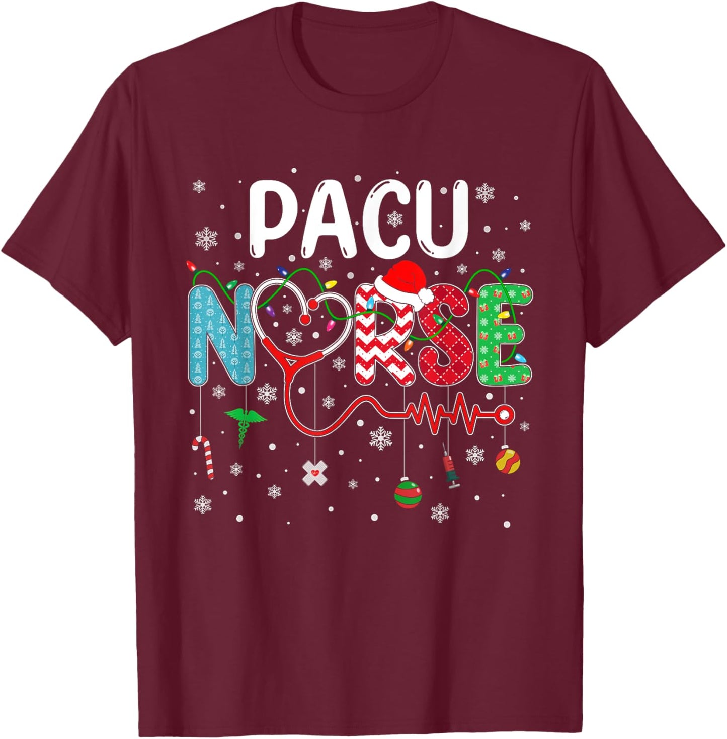 Merry Christmas Nurse Funny PACU Nurse Christmas Pattern T-Shirt - T-Shirt | Maroon