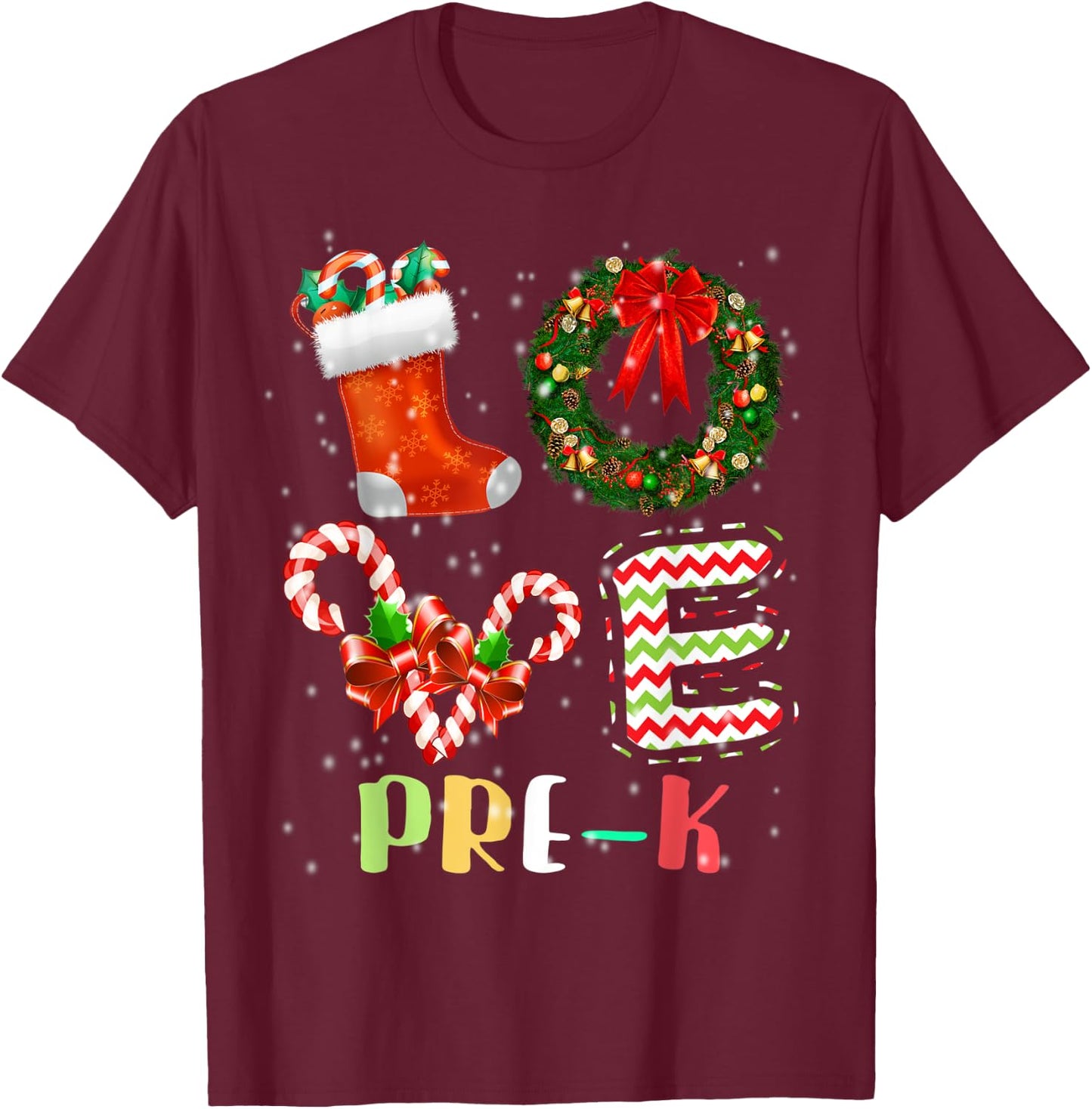 Love Pre-K Christmas Teacher T-Shirt - T-Shirt | Maroon