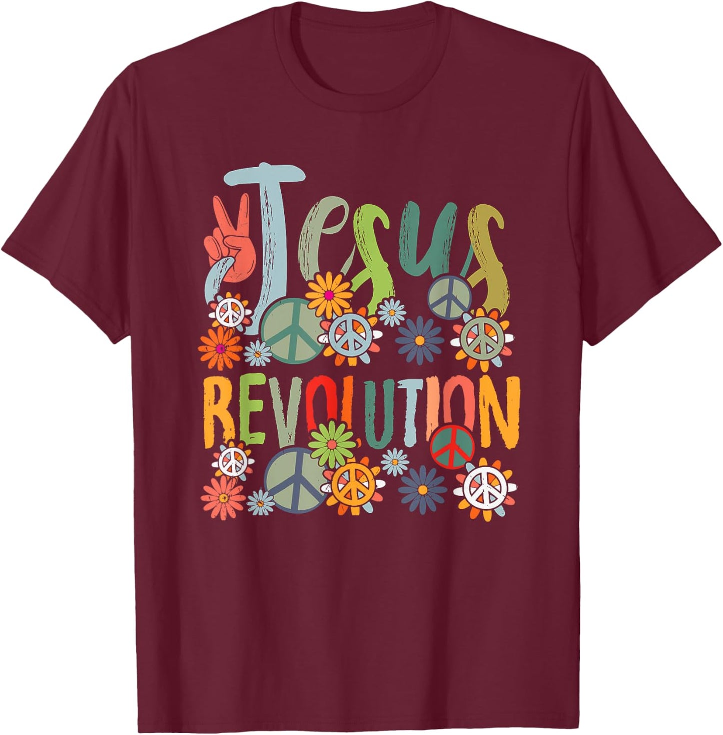 Jesus Revolution Faith Retro Groovy Flower Peace Sign T-Shirt - T-Shirt | Maroon