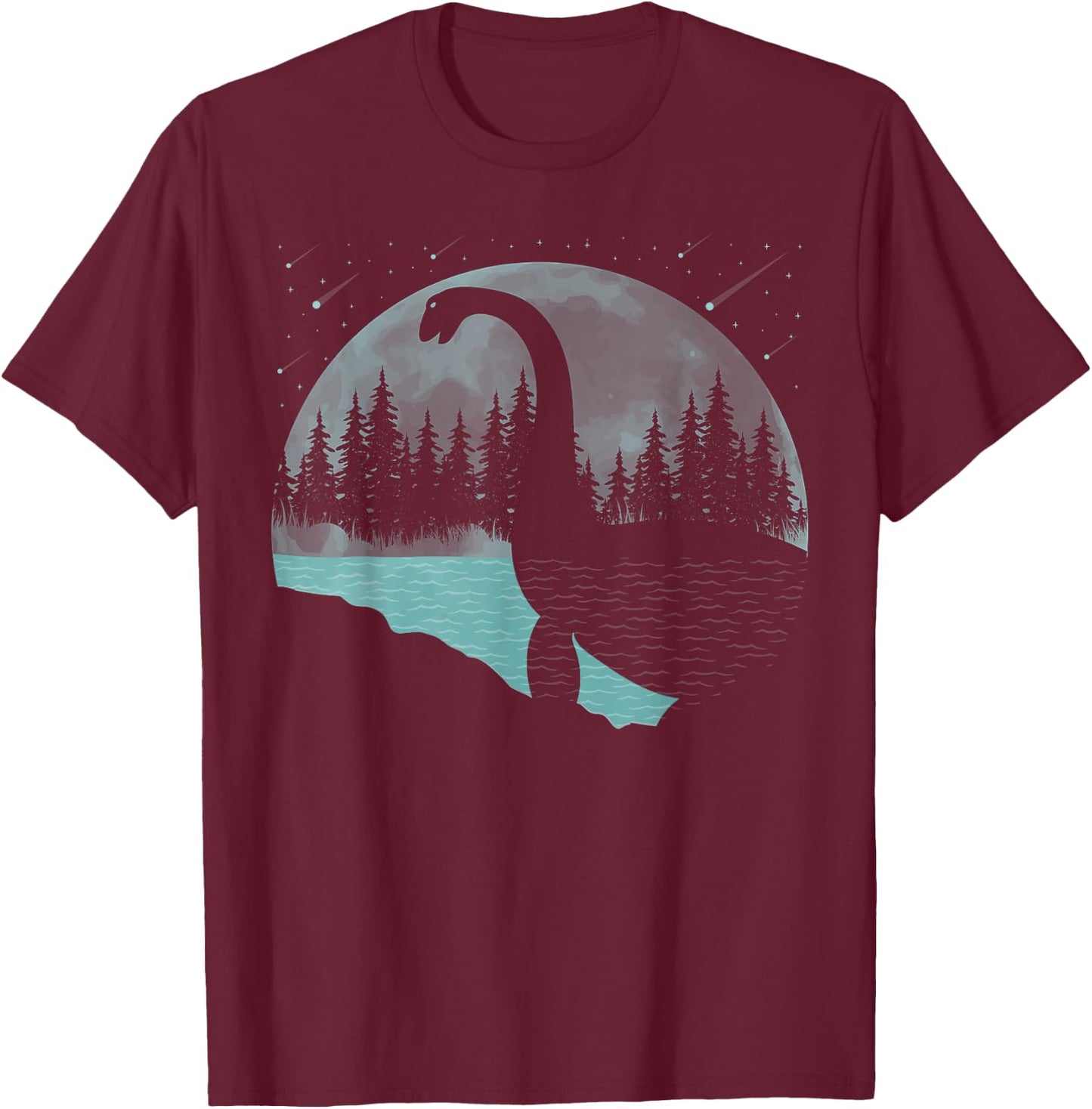 Loch Ness Monster Graphic Full Moon Trees And Stars! Nessie T-Shirt - T-Shirt | Maroon