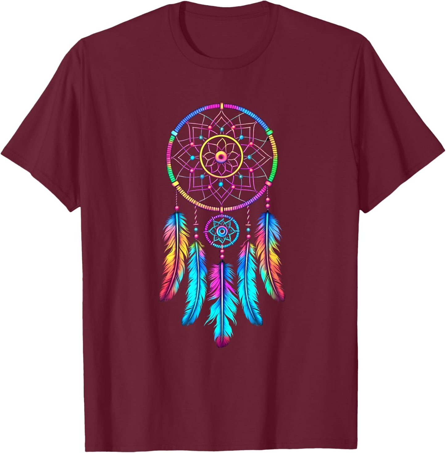 Colourful Dream Catcher Feather Tribal Indian Tattoo Dreamcatcher T-Shirt - T-Shirt | Maroon