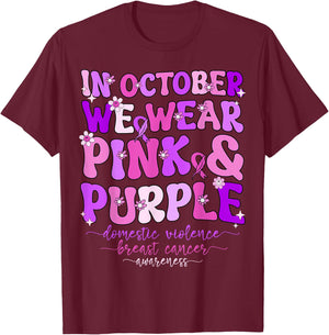 Groovy Domestic Violence And Breast Cancer Awareness Month T-Shirt - T-Shirt | Maroon