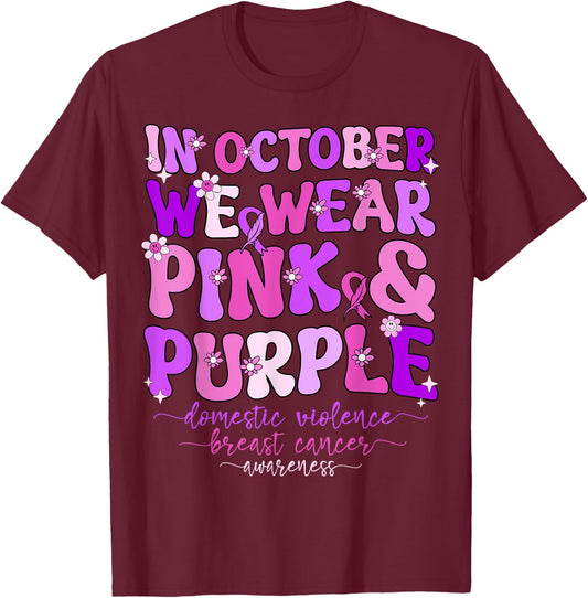 Groovy Domestic Violence And Breast Cancer Awareness Month T-Shirt - T-Shirt | Maroon