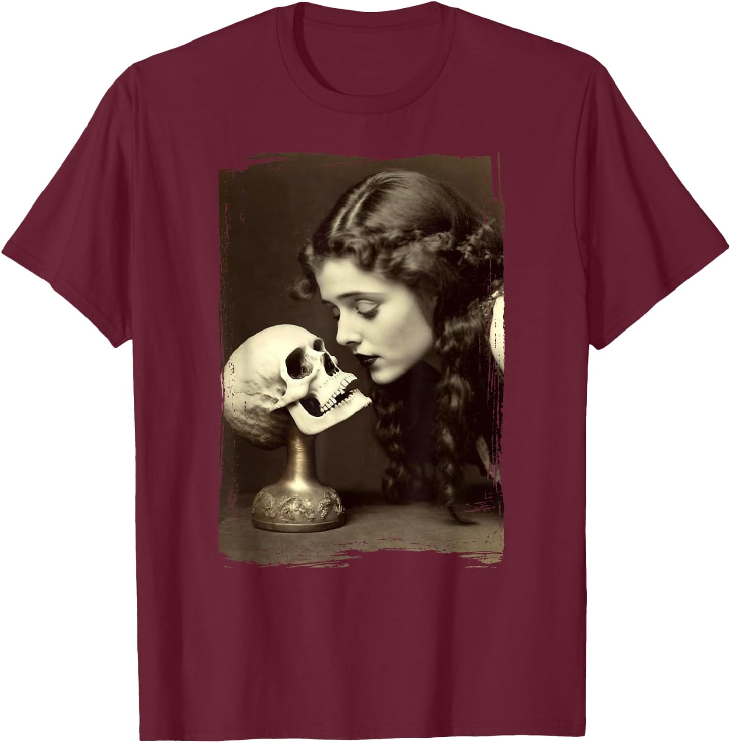 Vintage Witch Sorceress Skeleton Skull Kiss 1910 Photography T-Shirt - T-Shirt | Maroon