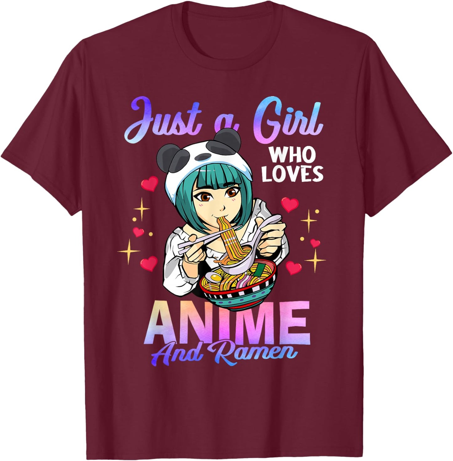 Just a Girl Who Loves Anime and Ramen Bowl Panda Girl Teen T-Shirt - T-Shirt | Maroon