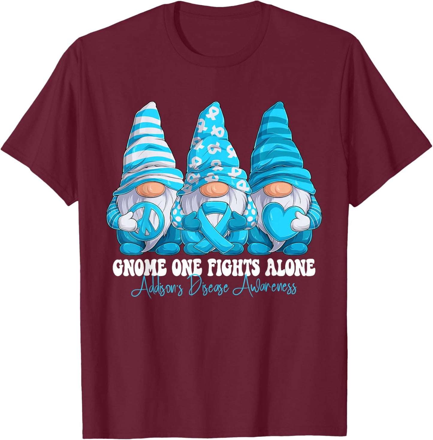 Addison's disease Awareness Month Light Blue Ribbon Gnomies T-Shirt - T-Shirt | Maroon