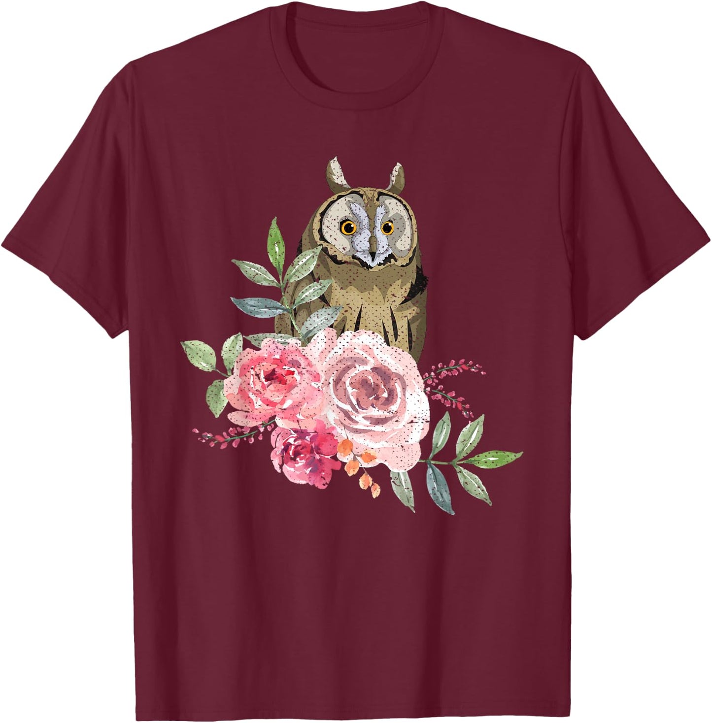 Owl Lover Flower Roses Wise Bird Animal Vintage Owl T-Shirt - T-Shirt | Maroon