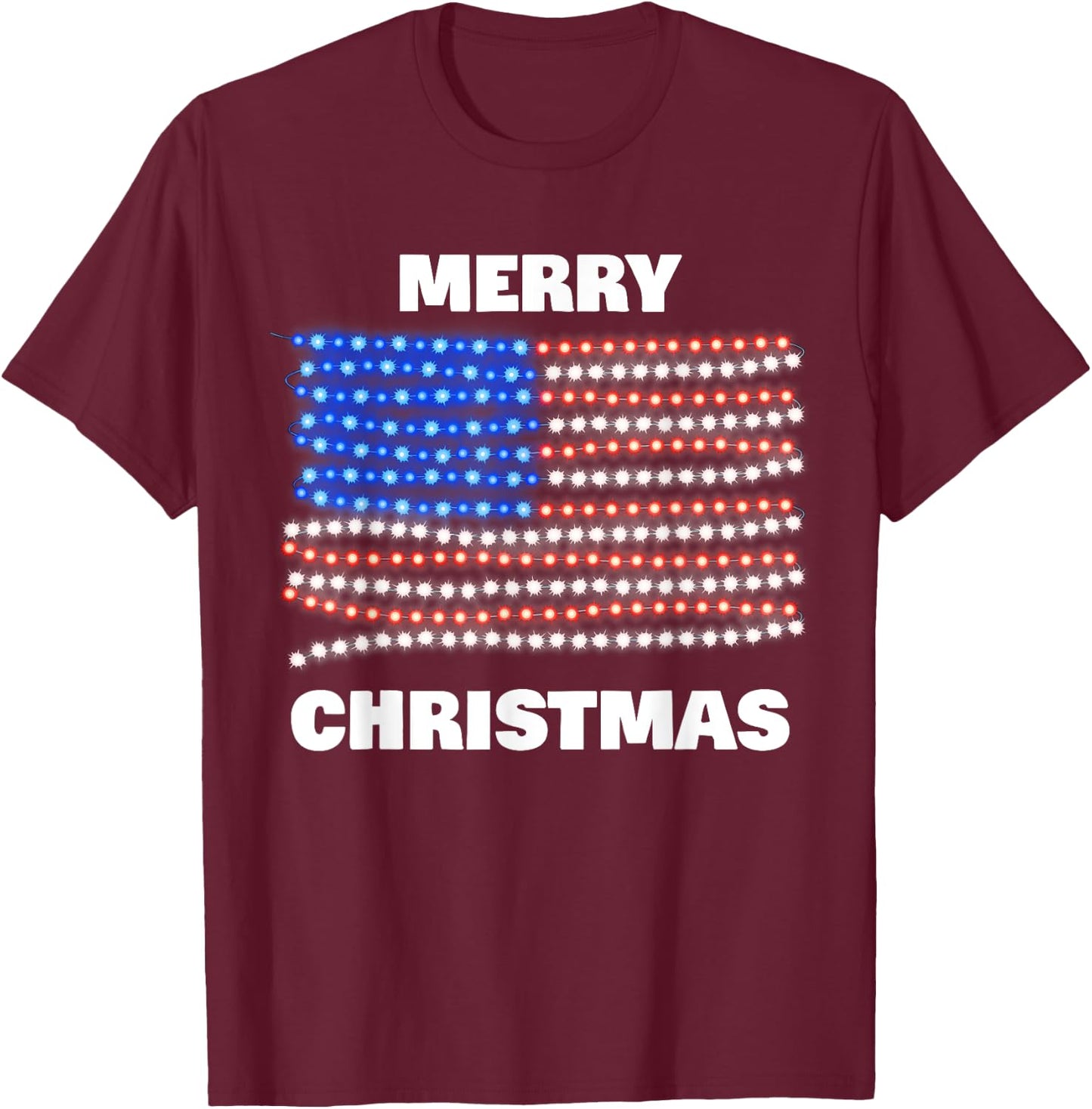 American USA Flag Patriotic Merry Christmas Xmas Lights Women Kids Men T-Shirt - T-Shirt | Maroon