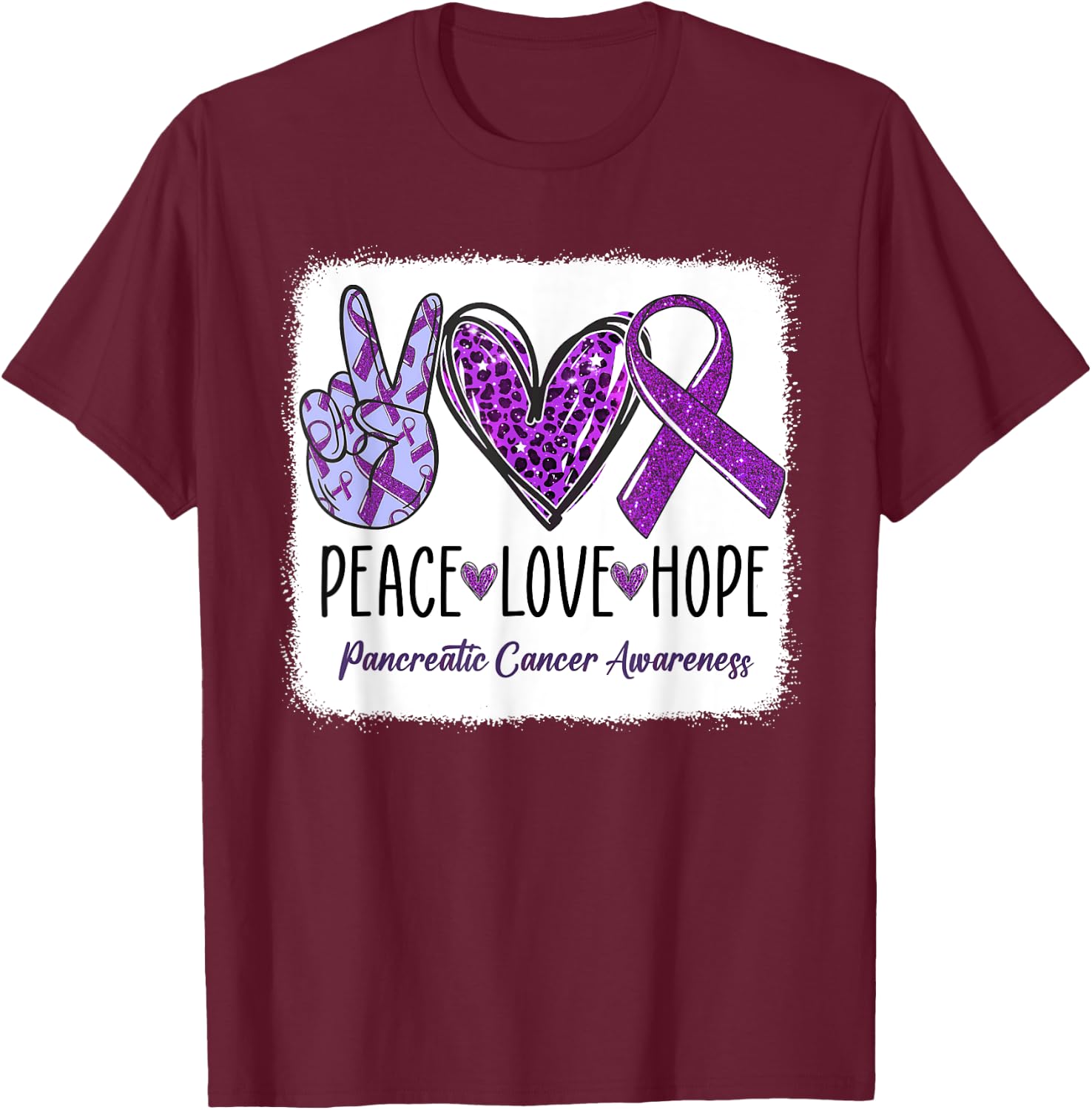 Peace Love Hope Ribbon Purple Pancreatic Cancer Awareness T-Shirt - T-Shirt | Maroon