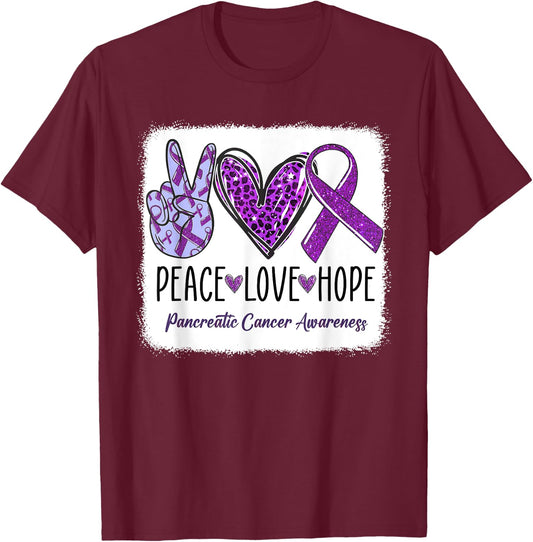 Peace Love Hope Ribbon Purple Pancreatic Cancer Awareness T-Shirt - T-Shirt | Maroon