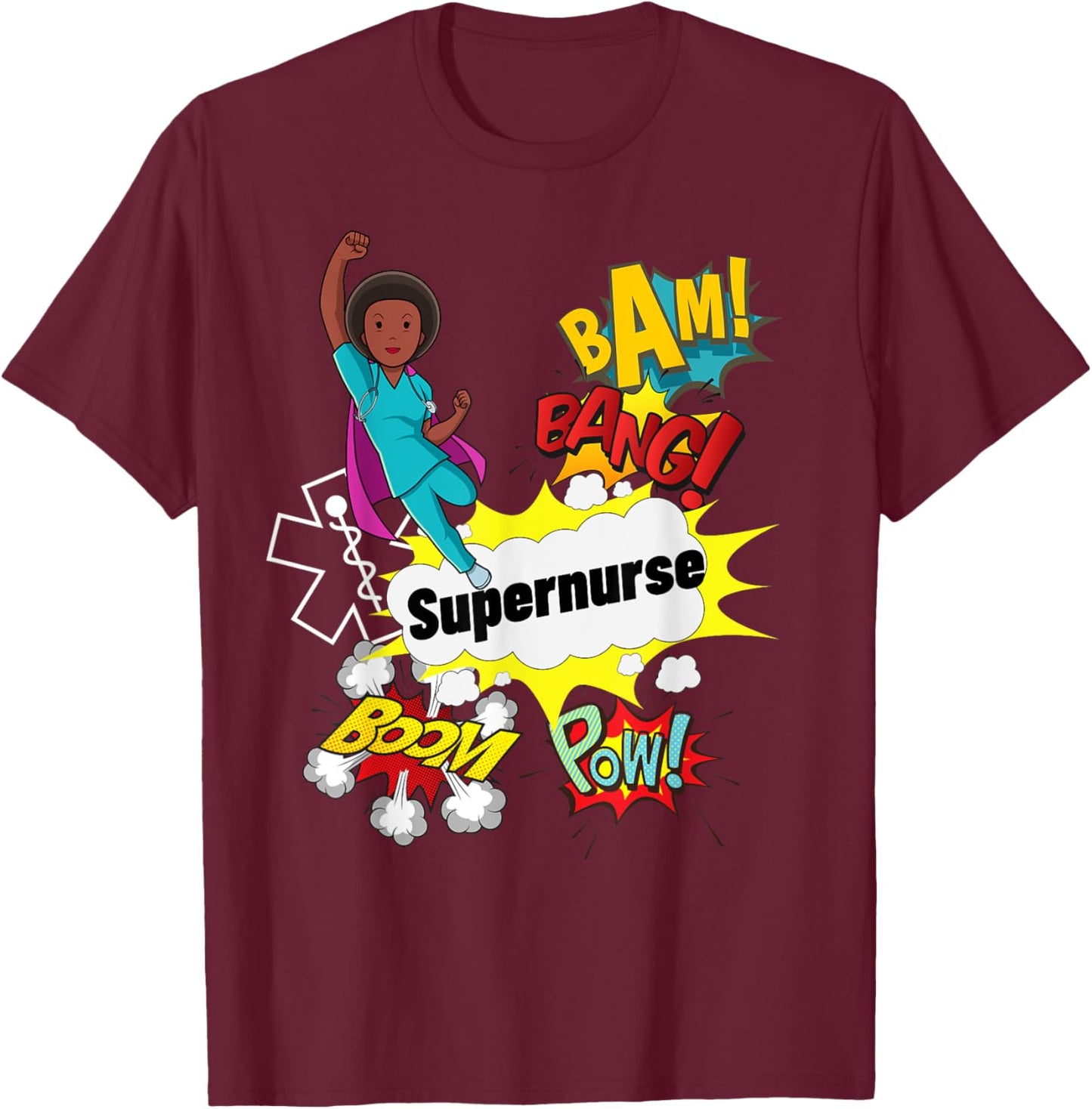 Supernurse Comic Superhero Style RN Black Woman Nursing Gift T-Shirt - T-Shirt | Maroon