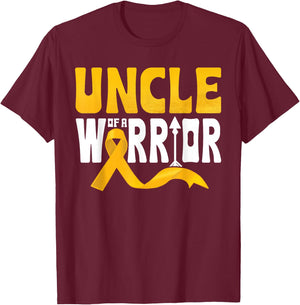 Uncle Of A Warrior Childhood Cancer Awareness Gold Ribbon T-Shirt - T-Shirt | Maroon
