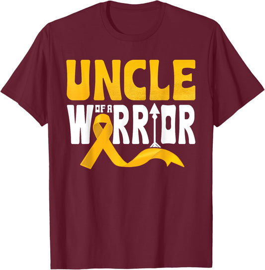 Uncle Of A Warrior Childhood Cancer Awareness Gold Ribbon T-Shirt - T-Shirt | Maroon